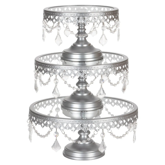 3-Piece Glass Top Crystal Cake Stand Set - Silver